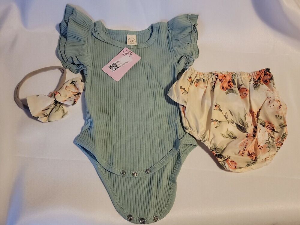 Infant 3 pc Outfit 6 Months (70 cm) One Piece Ruffled Short Headband Bow